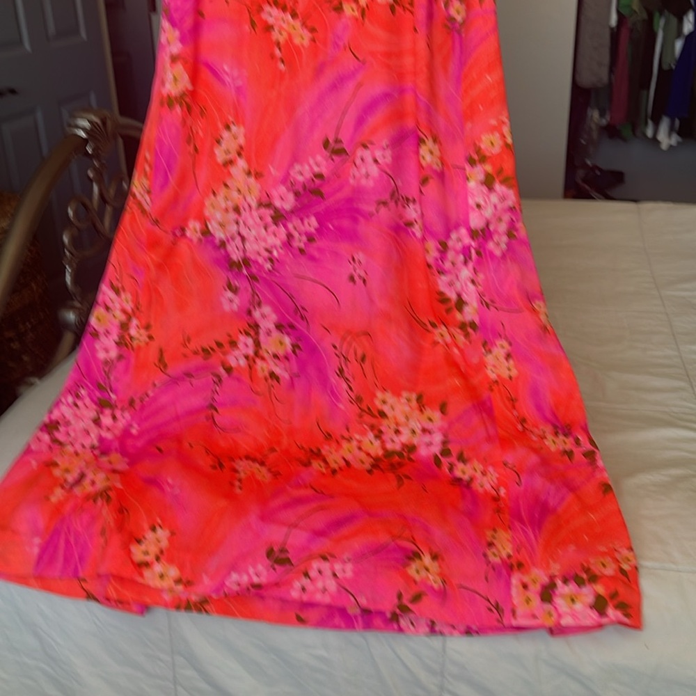 VTG Mildred's Hawaii Dress Barkcloth/Bright Neon Floral Ruffled Bow 60s 70s - Picture 4 of 14